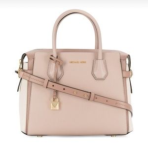 Michael Kors Mercer Soft Pink/Fawn Leather Belted Satchel Shoulder Purse Bag
